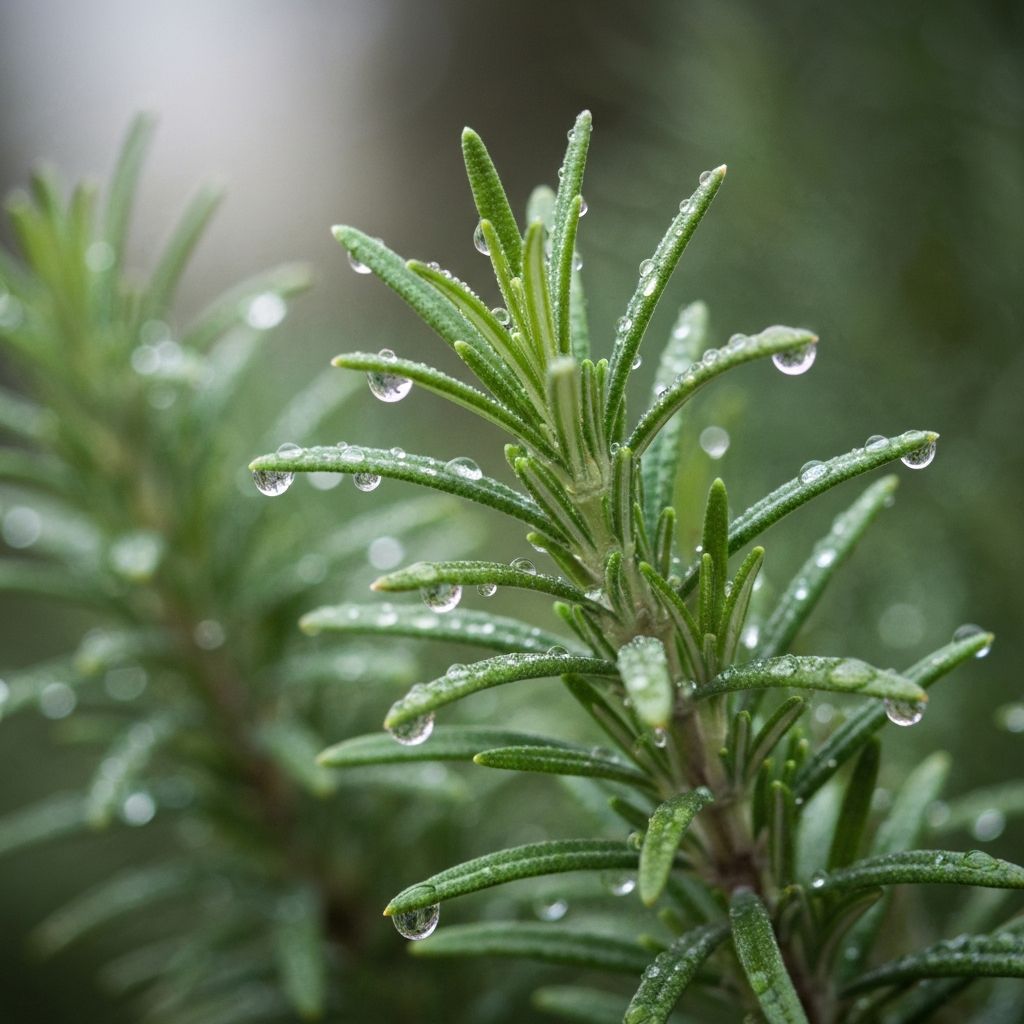 Zblizak od rose na rozmarinu, dramatična bokeh, makro fotografija, sezonska elegancija
