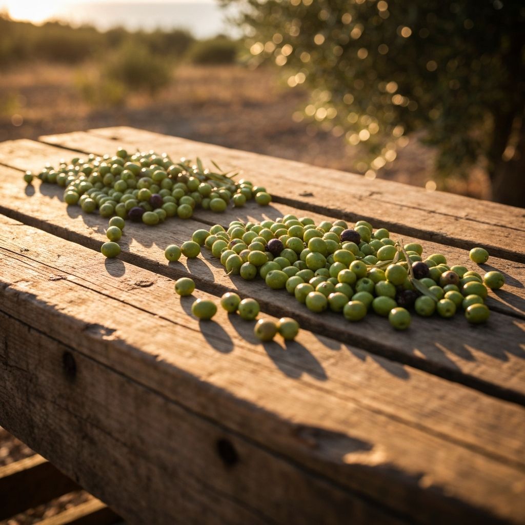 Tablica maslina u Korčuli, zlata jesenska svjetlost, mediteranski jesen, sezonska poezija