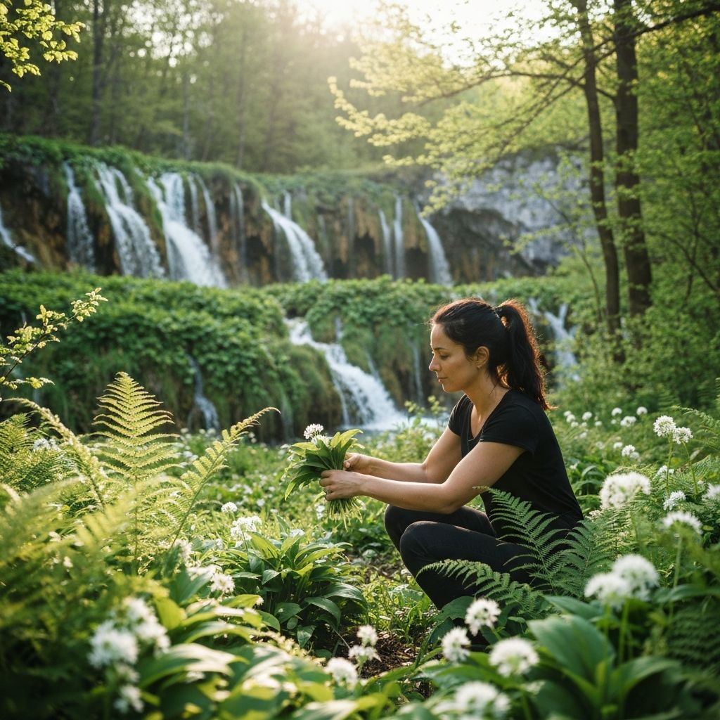 Prikupljanje divljeg češnjaka u šumi blizu Plitvičkih jezera, atmosferski prikaz, čista sezonska poezija