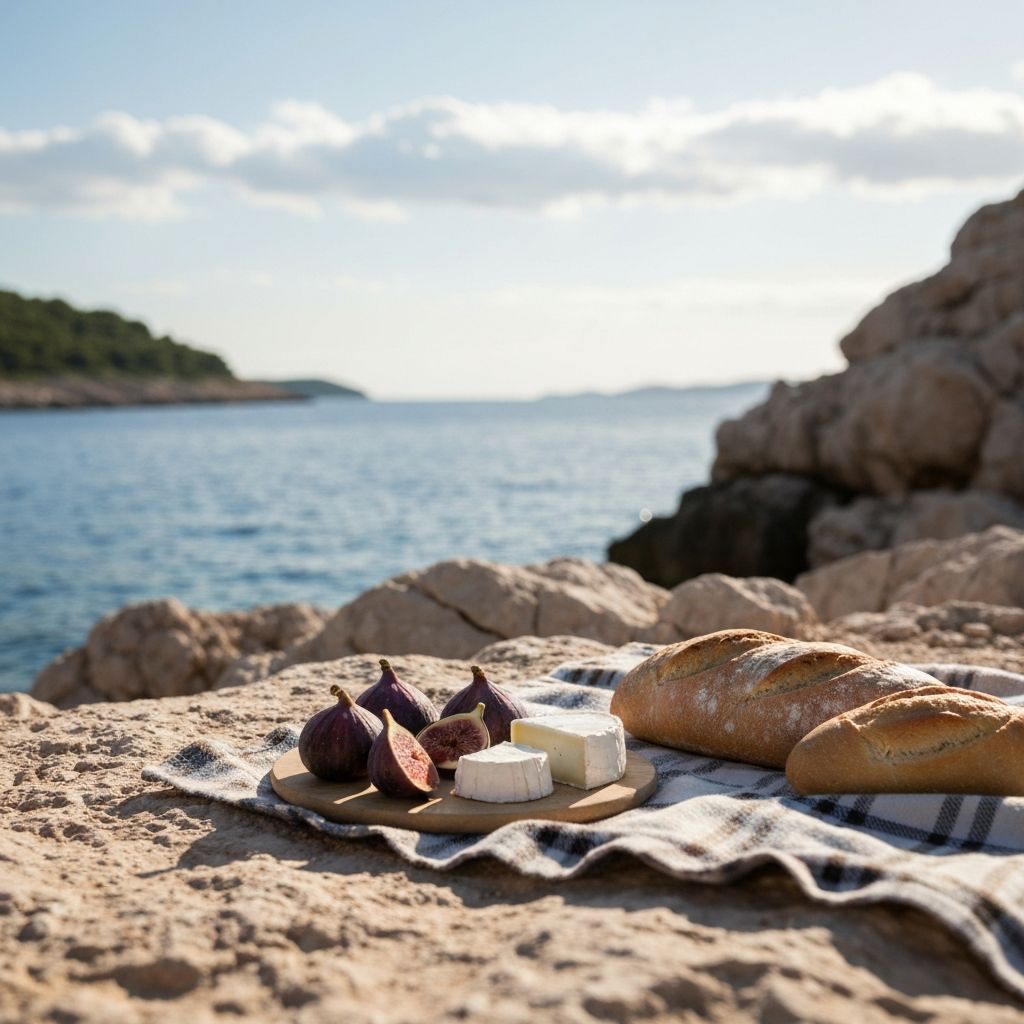 Piknik od smokvi i kozjeg sira na hvarskim stijenama, plavo Jadransko more, sezonska poezija